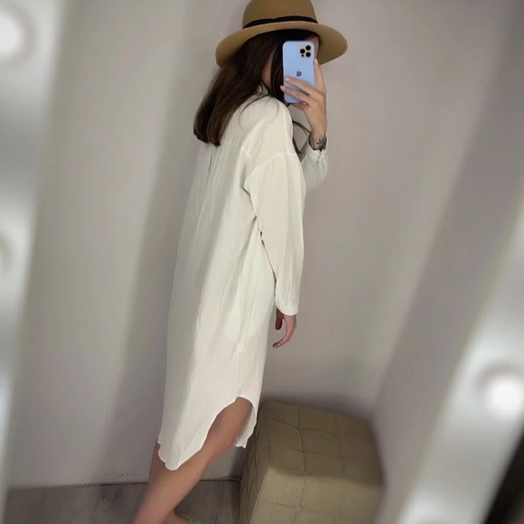 Shirt dress long women’s button collar top pockets  white - Picture 10 of 13